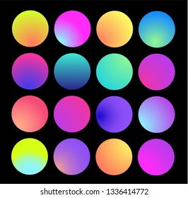 Rounded holographic gradient sphere. Multicolor green purple yellow orange pink cyan fluid circle gradients, colorful soft round buttons or vivid color spheres flat set. Vector illustration 10 eps.