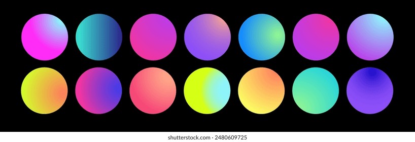 Esfera de gradiente holográfico redondeada. Multicolor verde púrpura amarillo anaranjado rosa cian fluido Gradientes circulares, coloridos Botones redondos suaves o esferas de colores vivos conjunto plano.