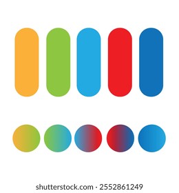 Rounded holographic gradient sphere. Multicolor green purple yellow orange pink cyan fluid circle gradients, colorful soft round buttons or vivid color spheres flat set.