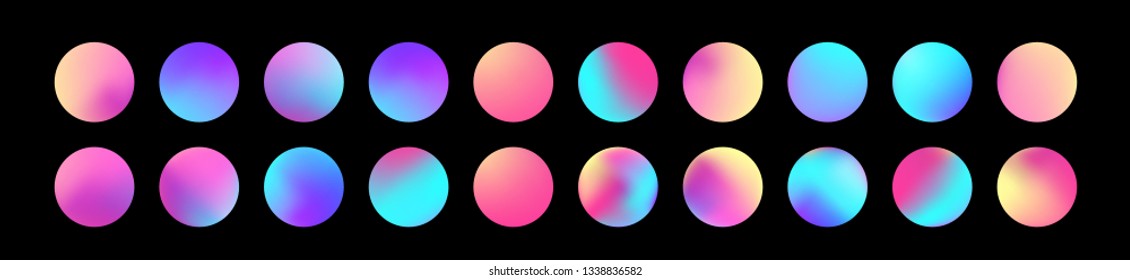 Rounded holographic gradient sphere set. Gradient colorful sphere in trendy style. Multicolor round buttons or vivid color spheres flat set. Vector illustration 10 eps .