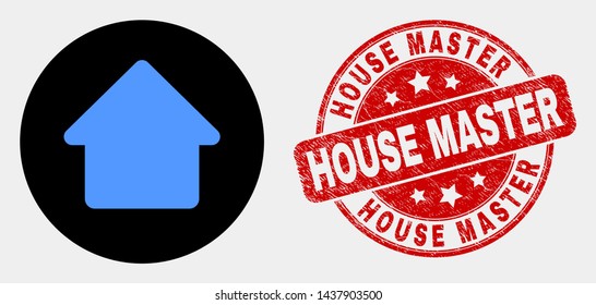 Rounded home icon and House Master stamp. Red rounded textured stamp with House Master caption. Blue home symbol on black circle. Vector composition for home in flat style.