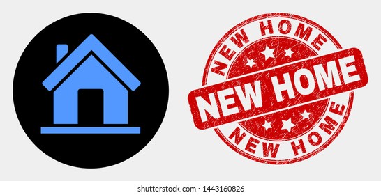 Rounded Home Icon And New Home Watermark. Red Rounded Distress Seal With New Home Text. Blue Home Icon On Black Circle. Vector Composition In Flat Style.