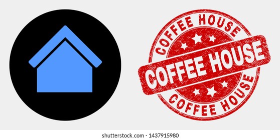 Rounded home keyhole icon and Coffee House seal stamp. Red rounded distress watermark with Coffee House caption. Blue home keyhole icon on black circle.