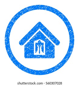 Rounded Home rubber seal stamp watermark. Icon symbol inside circle with grunge design and scratched texture. Unclean vector blue sign.