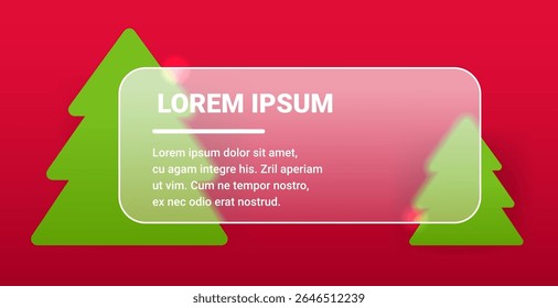 Rounded horizontal glass morphism panel with two green Christmas trees. Abstract holiday label 