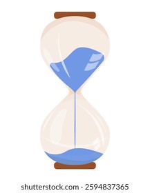 Rounded hourglass is symbol of time running away. Stylish subject of business, office, interior, psychologist's office. Vector drawing glass transparent flask with blue sand. Gift colleague, business