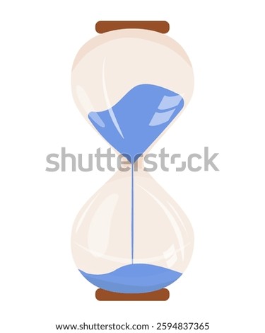 Rounded hourglass is symbol of time running away. Stylish subject of business, office, interior, psychologist's office. Vector drawing glass transparent flask with blue sand. Gift colleague, business