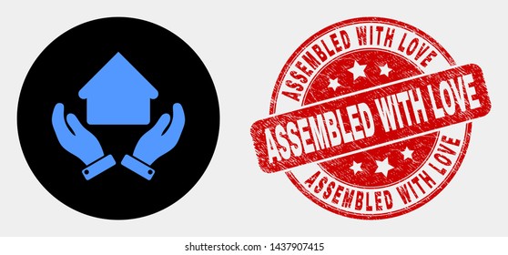 Rounded house care hands icon and Assembled with Love seal stamp. Red round scratched seal stamp with Assembled with Love text. Blue house care hands symbol on black circle.