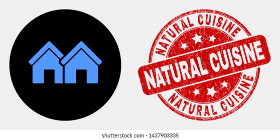 Rounded houses icon and Natural Cuisine watermark. Red rounded grunge watermark with Natural Cuisine text. Blue houses icon on black circle. Vector combination for houses in flat style.