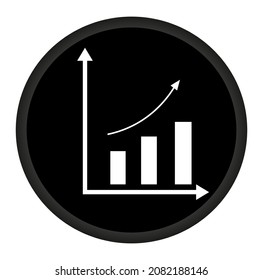 Rounded icon on black bar chart background showing evolution, business growth. Vector illustration in black button symbol with white background, use in software and web interfaces. 