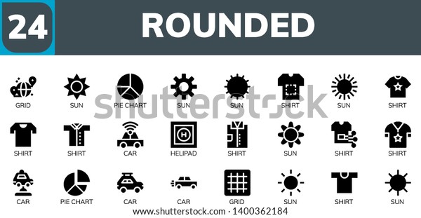 rounded icon\
set. 24 filled rounded icons.  Simple modern icons about  - Grid,\
Sun, Pie chart, Shirt, Car,\
Helipad