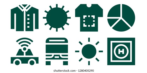  rounded icon set. 8 filled rounded icons. Simple modern icons about  - Car, Shirt, Bus, Sun, Helipad, Pie chart