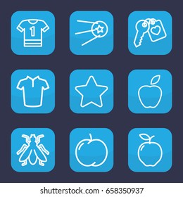 Rounded icon. set of 9 outline rounded icons such as fly, apple, t-shirt, heart key, star