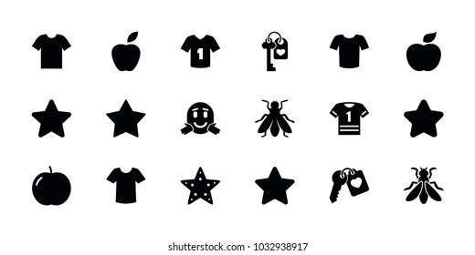 Rounded icons. set of 18 editable filled rounded icons: apple, fly, star, t-shirt, t-shirt, heart key