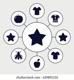 Rounded icons set. set of 9 rounded filled icons such as apple, fly, star, t-shirt