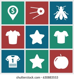 Rounded icons set. set of 9 rounded filled icons such as apple, fly, star, t-shirt, dollar location