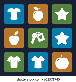 Rounded icons set. set of 9 rounded filled icons such as apple, star, t-shirt