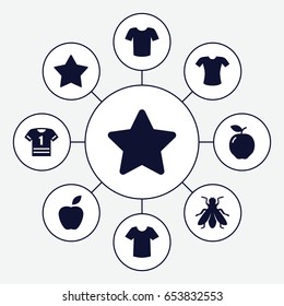 Rounded icons set. set of 9 rounded filled icons such as apple, fly, t-shirt, star
