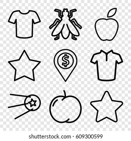 Rounded icons set. set of 9 rounded outline icons such as fly, apple, T-shirt, star