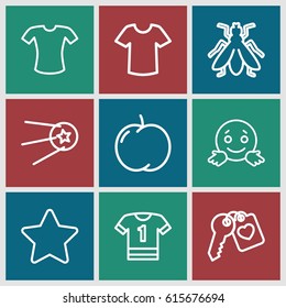 Rounded icons set. set of 9 rounded outline icons such as fly, apple, T-shirt, heart key, star, confused emot
