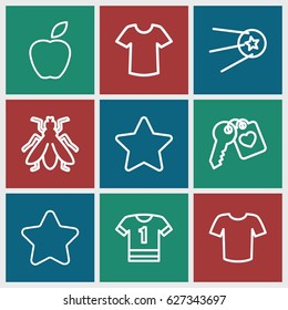 Rounded icons set. set of 9 rounded outline icons such as fly, star, T-shirt, heart key, apple