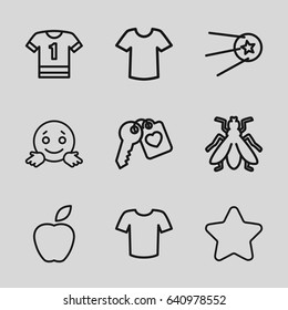 Rounded icons set. set of 9 rounded outline icons such as fly, star, t-shirt, heart key, confused emot, apple