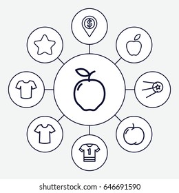 Rounded icons set. set of 9 rounded outline icons such as apple, star, t-shirt, dollar location