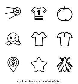 Rounded icons set. set of 9 rounded outline icons such as fly, apple, star, t-shirt, confused emot, dollar location