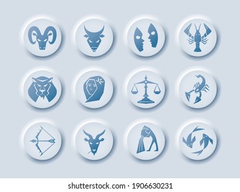 Iconos redondeados en diseño neumórfico moderno. Elementos para la aplicación móvil o sitio web de astrología. Botones de signos zoológicos (símbolos de horóscopo). Elegante color azul suave con luz y sombra