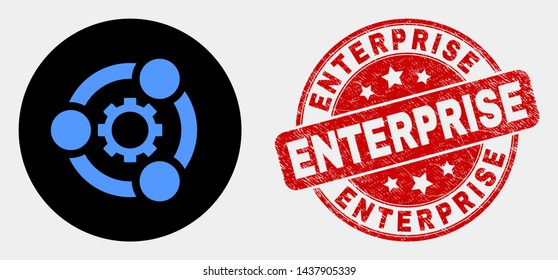 Rounded industrial cooperation icon and Enterprise seal stamp. Red rounded textured stamp with Enterprise text. Blue industrial cooperation icon on black circle.