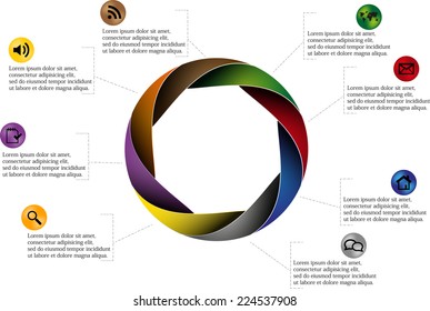 Rounded infographic consists of eight pieces with shadows and color gradients and sample text with round icons near the headline.