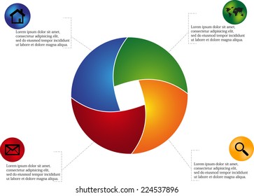 Rounded infographic consists of four pieces with shadows and color gradients and sample text with round icons near the headline.