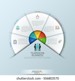 Rounded infographic design layout with 5 sectoral elements connected with center, features of successful teamwork. Project management concept. Vector illustration for website, presentation, report.