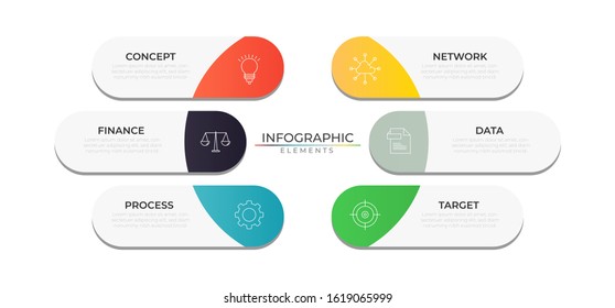 Rounded infographic design template with icons and six options or steps. Vector for company and corporate business project and presentation.