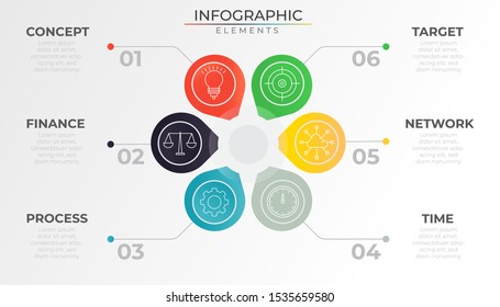 Rounded infographic diagram with 6 colorful circle elements and icons. Timeline process template. Modern vector art for company or corporate business project and presentation. Trendy Eps10 design