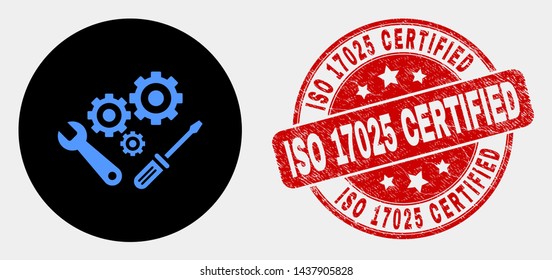 Rounded instrumental tools icon and ISO 17025 Certified seal stamp. Red rounded grunge watermark with ISO 17025 Certified text. Blue instrumental tools icon on black circle. svg