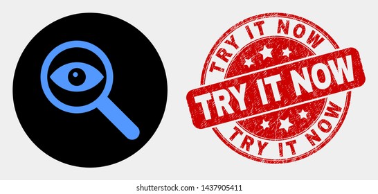 Rounded investigate pictogram and Try It Now seal stamp. Red rounded scratched stamp with Try It Now caption. Blue investigate icon on black circle. Vector combination for investigate in flat style.