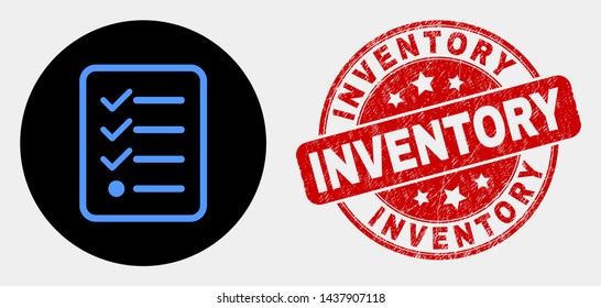 Rounded items list page icon and Inventory seal. Red rounded distress seal stamp with Inventory text. Blue items list page icon on black circle. Vector composition for items list page in flat style.
