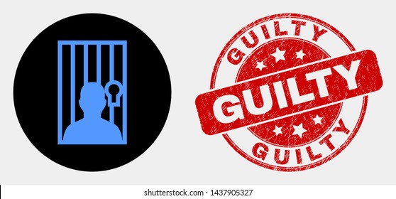 Rounded jailed person icon and Guilty seal stamp. Red rounded distress seal stamp with Guilty caption. Blue jailed person icon on black circle. Vector combination for jailed person in flat style.