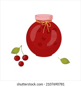 A rounded jar with homemade red cherry jam and cherries with leaves on a white background
