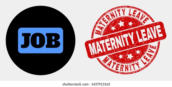 Rounded job caption icon and Maternity Leave seal stamp. Red round scratched seal stamp with Maternity Leave text. Blue job caption icon on black circle.