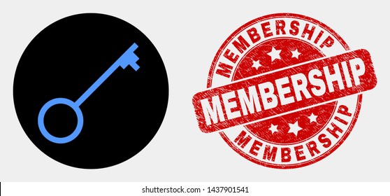 Rounded key icon and Membership stamp. Red rounded textured stamp with Membership caption. Blue key icon on black circle. Vector combination for key in flat style.