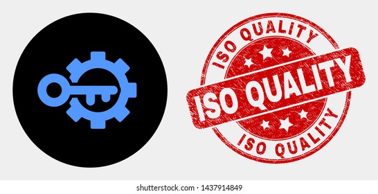 Rounded key options gear icon and ISO Quality seal. Red rounded grunge watermark with ISO Quality text. Blue key options gear icon on black circle.