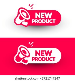 Conjunto de etiquetas redondeadas con megáfono y texto Nuevo Producto