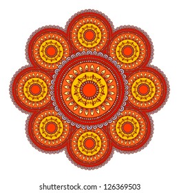 Rounded lacy ornament. Bright orange and red colors.