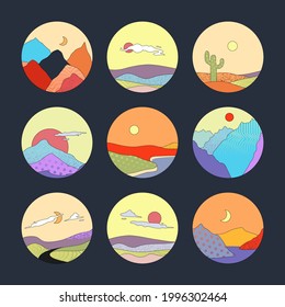 Bandas de paisajes redondeados con cactus, montañas, carreteras, ríos, colinas, sol y luna con texturas vectoriales abstractas. Colorido diseño plano y lineal.