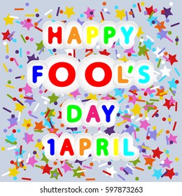 rounded lettering vector of happy fool's day 1 april on color stars, lines and dots backgrounds