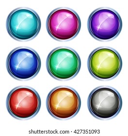 Rounded Light Icons And Buttons/
Illustration of a set of glossy and bright light buttons and icons, with silver metal rings, for apps and game ui