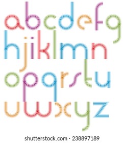 Rounded light jolly parallel cartoon lowercase letters, striped colorful font on white background.