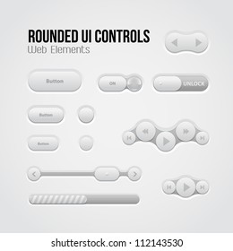 Rounded Light UI Controls Web Elements: Buttons, Switchers, On, Off, Player, Audio, Video: Play, Stop, Next, Pause, Volume, Equalizer, Slider, Loader, Progress Bar, Bulb